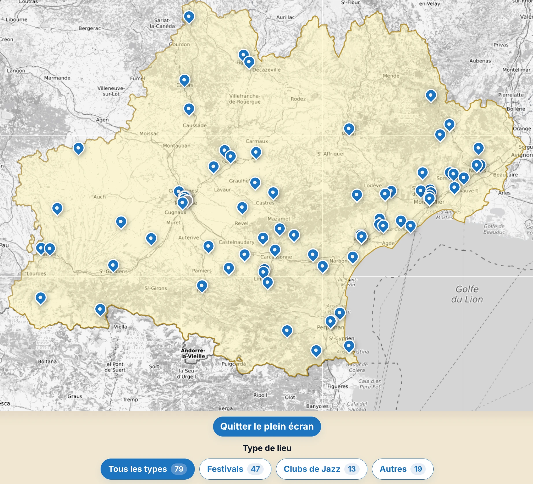 Carte des lieux de diffusion jazz en Occitanie sur AgendJazz